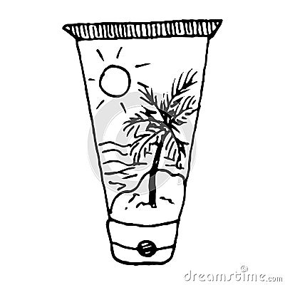 Sun lotion as a protection cream against getting sunburn. Vector hand drawn illustration in sketch reslistic doodle style. Tube Vector Illustration