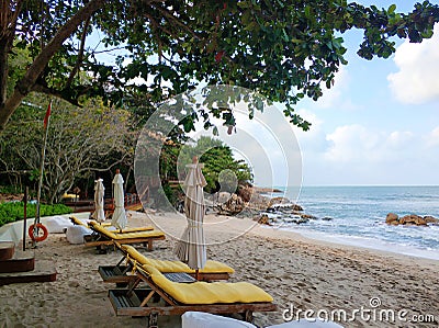 Sun loungers on the beach at the seaside resort Stock Photo