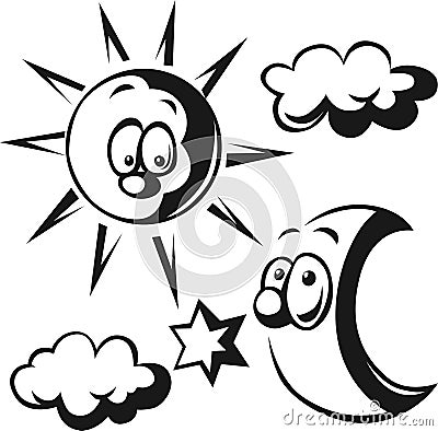 Sun, moon, cloud and star - black outline Vector Illustration