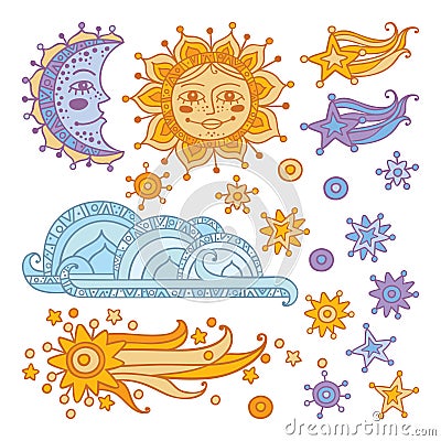 Sun, moon, cloud, stars and a comet isolated on white background. Vector Illustration