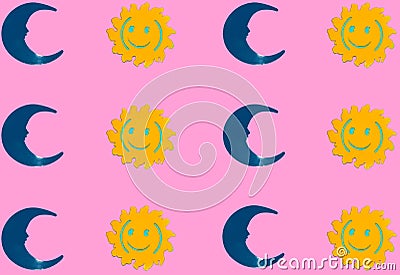 sun and moon copied on pink background, creative art pattern Stock Photo