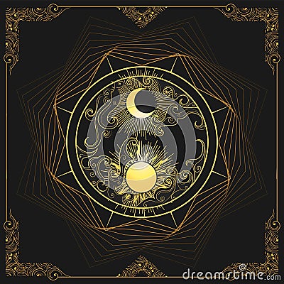 Sun and Moon Esoteric Illustration Isolated on Black Vector Illustration