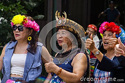 Taiwanese indigenous Thao Street Singers and Bands performing in Xuanguang Temple with traditional dress Editorial Stock Photo