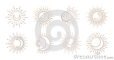 Sun and moon line art logo. Boho ray sun, mystic moon tattoo Vector Illustration