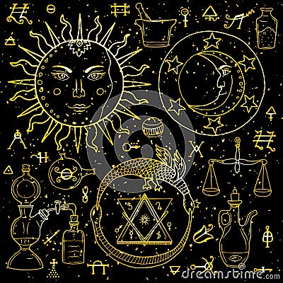 The Sun, Moon, Ouroboros and philosophical stone with other alchemical signs.. Vector Illustration