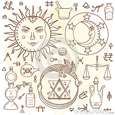 The Sun, Moon, Ouroboros and philosophical stone with other alchemy signs Vector Illustration