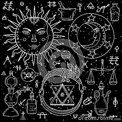 The Sun, Moon, Ouroboros and philosophical stone with other alchemy signs Vector Illustration