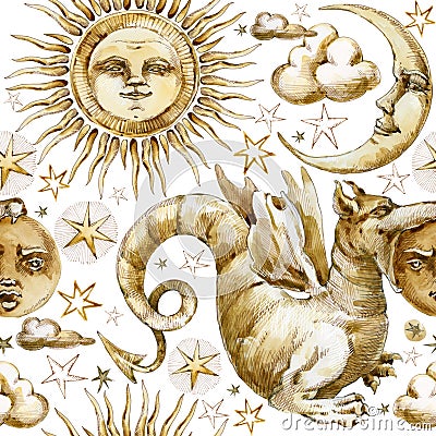 Sun and moon seamless pattern. watercolor illustration set of Celestial symbols, sun, moon, star, Dragon, eclipse with human faces Cartoon Illustration