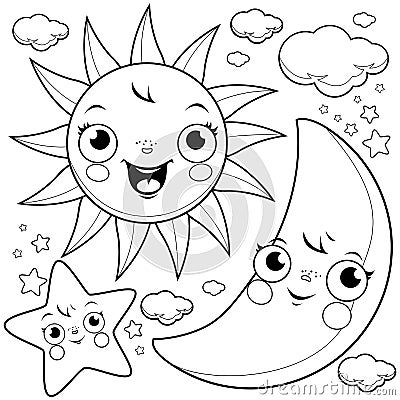 Sun moon and stars. Vector black and white coloring page. Vector Illustration