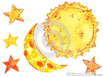 Sun, moon and stars, weather clipart set, hand drawn watercolor illustration Cartoon Illustration