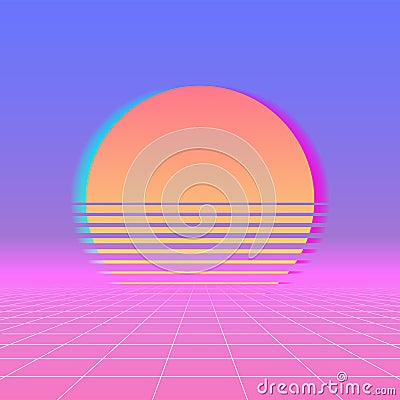 Sun neon retro 80s background. Vector neon sunset, futuristic sun space Vector Illustration