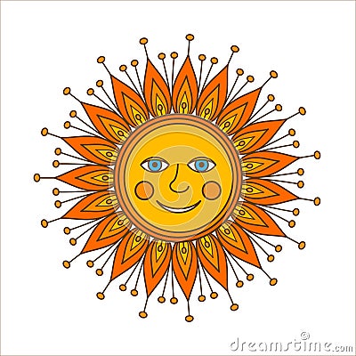 Sun, ornamental doodle vector illustration isolated on white backgrounds. Russian symbol holiday spring Shrovetide. Vector Illustration