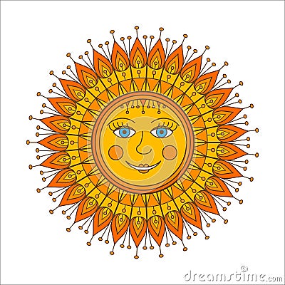 Sun, ornamental doodle vector illustration isolated on white backgrounds. Russian symbol holiday spring Shrovetide Cartoon Illustration