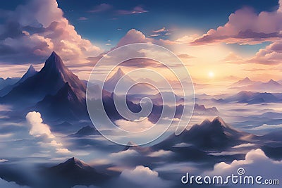 sun paints a picturesque scene as it casts a gentle and warm embrace over the mountain tops and clouds Stock Photo