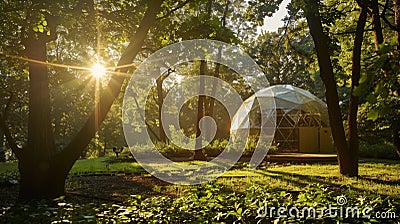 The sun peeks through the leaves casting dappled light onto the serene geodesic dome where peace and rest await. 2d flat Stock Photo