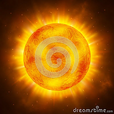 Sun planet. Bright realistic sun with rays, glow and sparks. Sunshine design. Space background. Global warming concept. Vector Ill Vector Illustration