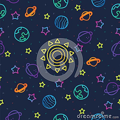 Sun, planet earth and stars from space on dark blue pattern background. Colorful cosmic planet seamless pattern. Vector Illustration