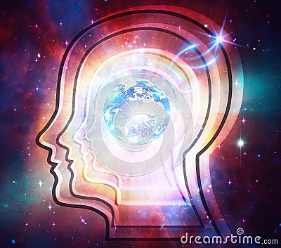 Human Head Universe Inspiration Enlightenment, Spiritual awakening, cosmic travel, Earth evolution, meditation, dimensions, aura Stock Photo