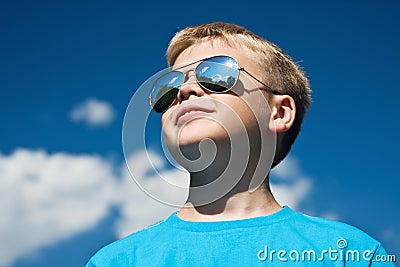 Sun Protection in the boy with glasses Stock Photo