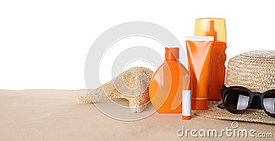 Sun protection cosmetic products and beach accessorie. Space for text Stock Photo