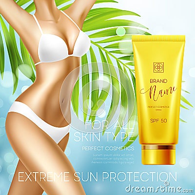 Sun protection cosmetic products design template. Vector illustration Vector Illustration