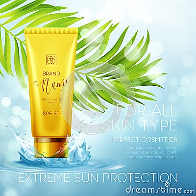 Sun protection cosmetic products design template. Vector illustration Vector Illustration