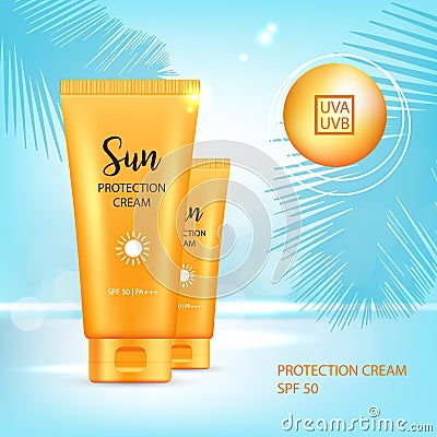 Sun protection cosmetic products design template. Vector illustration Vector Illustration