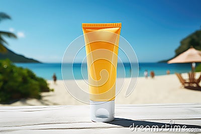 Sun Protection Cream On Sunny Summer Beach Setting Stock Photo