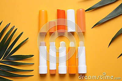Sun protection lip balms and leaves on background, flat lay Stock Photo