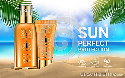 Sun Protection Sunscreen Sprays Tube of Sunscreen Cream for the Face Palm Branches Marine Background. Concept Vector Illustration