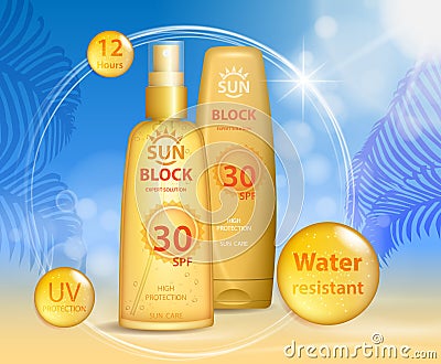 Sun protection, sunscreen and sunbath cosmetic products design face and body lotion with UV protection on palm beach Vector Illustration