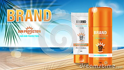 Sun protection, sunscreen and Sunblock design template. Cosmetic products ads with summer palm leaves against the sunny Vector Illustration