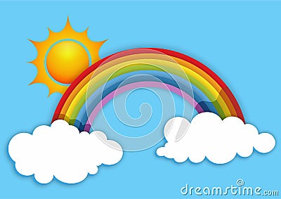 Sun and rainbow on a blue background with clouds Vector Illustration