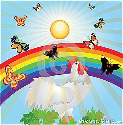 Sun, rainbow, butterflies and Vector Illustration