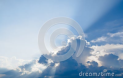 Sun ray, blue sky & clouds. Stock Photo