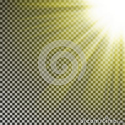 Sun ray light on top rigth corner. Transparent glow yellow sunlight effect isolated on checkered bac Vector Illustration