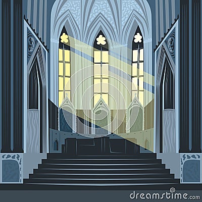 Sun rays inside Cathedral Church or Basilica Vector Illustration
