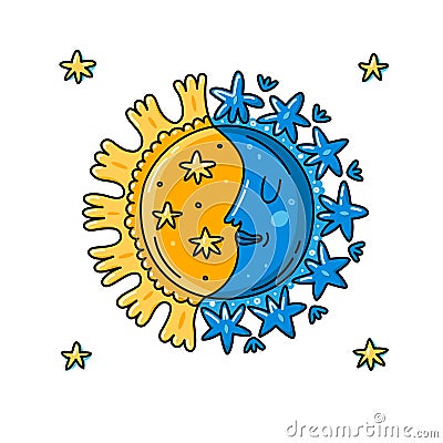 Sun with rays, Moon in back with face and Stars in doodle style isolated on white background. Day and night icon. Zodiac sign. Vector Illustration