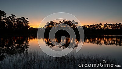 Sun rays over pond in Everglades National Park in morning twilight. Stock Photo