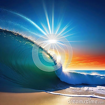 At the sun rises over a dazzlingly blue casting its rays of light across the beach in brilliant Cartoon Illustration