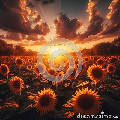 Sun rises over a field of glorious sunflowers Stock Photo