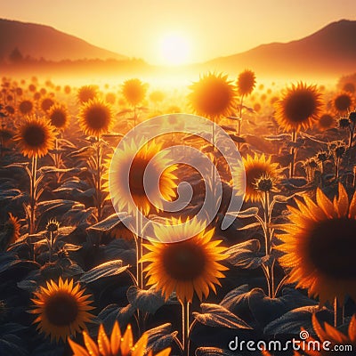 Sun rises over a field of glorious sunflowers Stock Photo