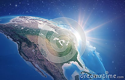 Sun rising upon the Earth. North America, USA and Canada Cartoon Illustration