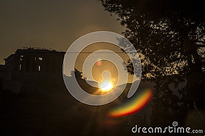 Sun rising over Acropolis Stock Photo