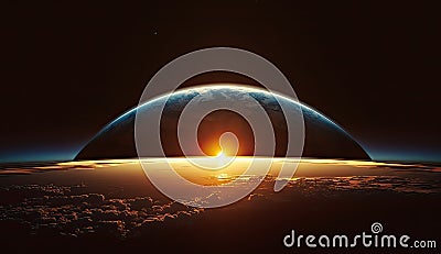 Sun rising over planet earth in space. Planet view with moon horizon. Astronomy background. Stock Photo