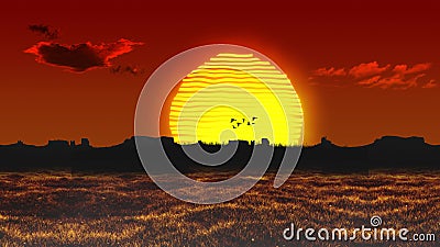 Landscape Scene of The sun is rising over the Red Sky by the Hills and Red Fields. Stock Photo