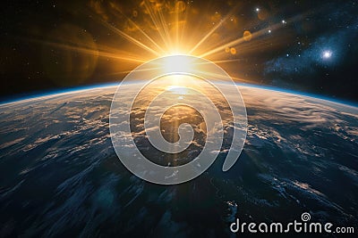 The sun's rays embrace Earth, highlighting the vastness of our world. Stock Photo