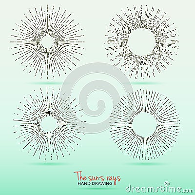 Set of sun rays images in Hand Drawing style. Graphic elements for various design projects. Uneven sun rays that diverge in hand. Vector Illustration