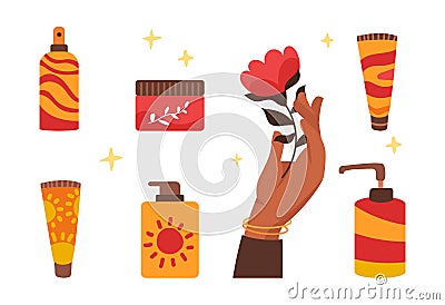 Sun safety cosmetic products set Vector Illustration