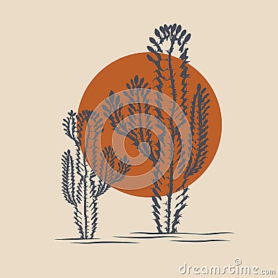 Sun and saguaros illustration desert vintage design. Cacti plant logo vector line art Vector Illustration
